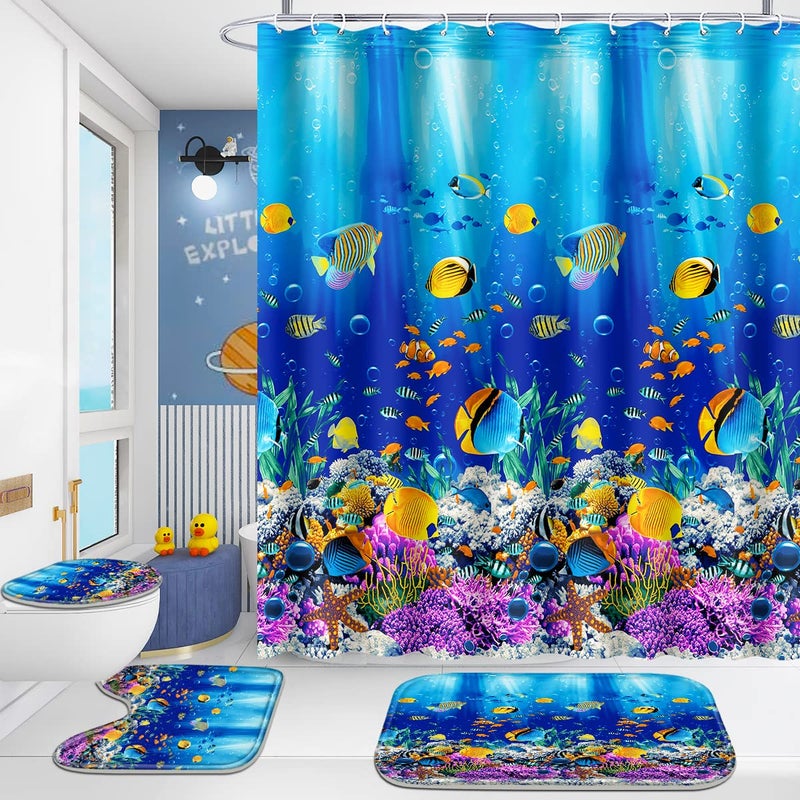 Poedist 4 Pcs Bathroom Shower Curtain SetKids Bathroom SetShower Curtain Sets with RugsBath MatU Shape and Toilet Lid Cover Mat and 12 HooksBlue Underwater World - Image 2