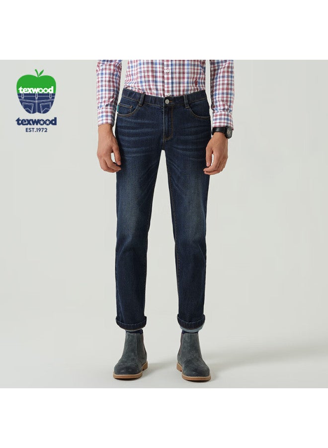 Texwood De Huo Ping Fruit Denim Jeans, Tapered Hip-hiding, Leg-slimming, Versatile, Business Casual, Elastic Long Pants, Medium Blue, Size 34 - Image 1