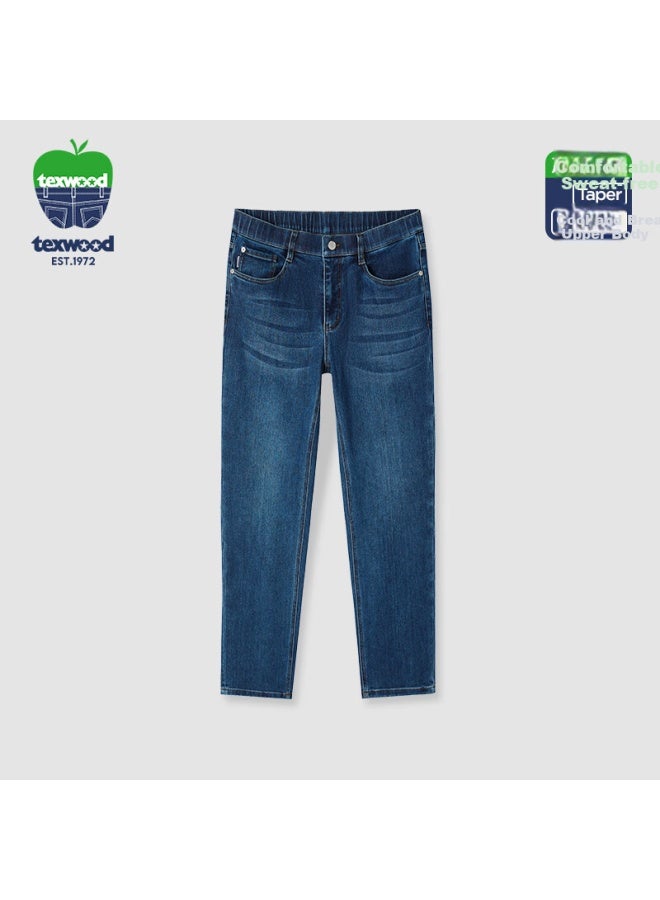 Texwood De Huo Ping Fruit Denim Jeans, Tapered Hip-hiding, Leg-slimming, Versatile, Business Casual, Elastic Long Pants, Medium Blue, Size 34 - Image 2
