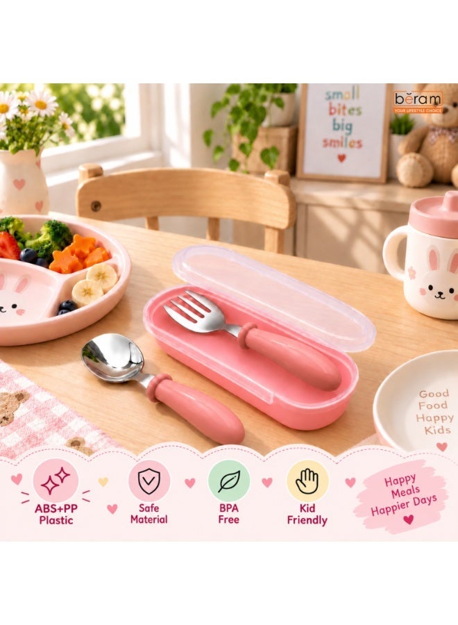 BERAM Cutlery Set with Case, 2 PCS 304 Stainless Steel Spoon & Fork Set, BPA-Free ABS+PP Handles, Portable Children’s Tableware for School Lunch Box, Travel, Picnic & Everyday Meals, Pink - Image 5