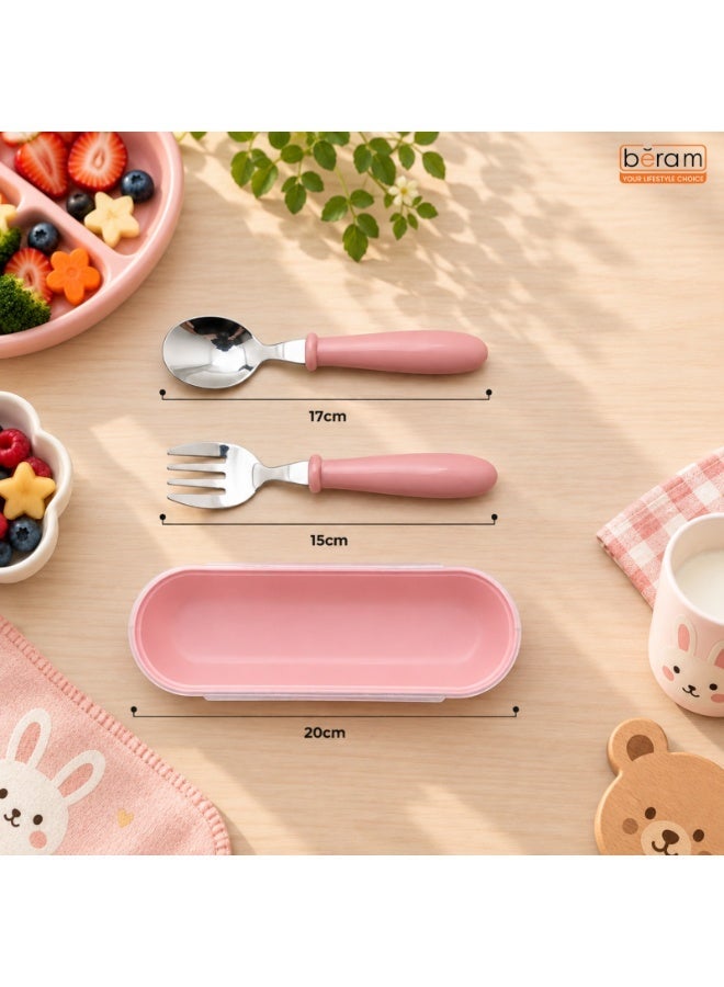 BERAM Cutlery Set with Case, 2 PCS 304 Stainless Steel Spoon & Fork Set, BPA-Free ABS+PP Handles, Portable Children’s Tableware for School Lunch Box, Travel, Picnic & Everyday Meals, Pink - Image 4