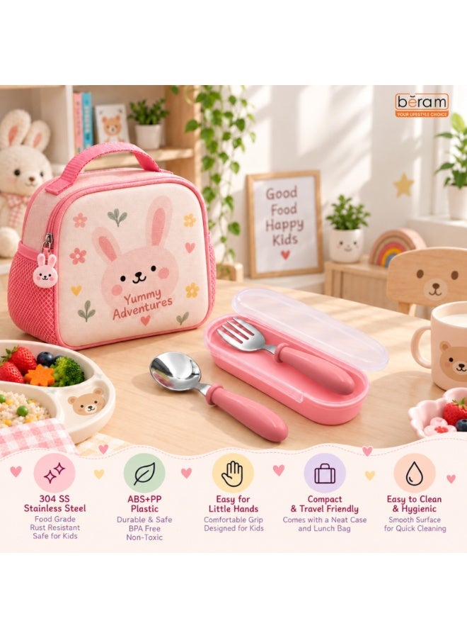 BERAM Cutlery Set with Case, 2 PCS 304 Stainless Steel Spoon & Fork Set, BPA-Free ABS+PP Handles, Portable Children’s Tableware for School Lunch Box, Travel, Picnic & Everyday Meals, Pink - Image 2