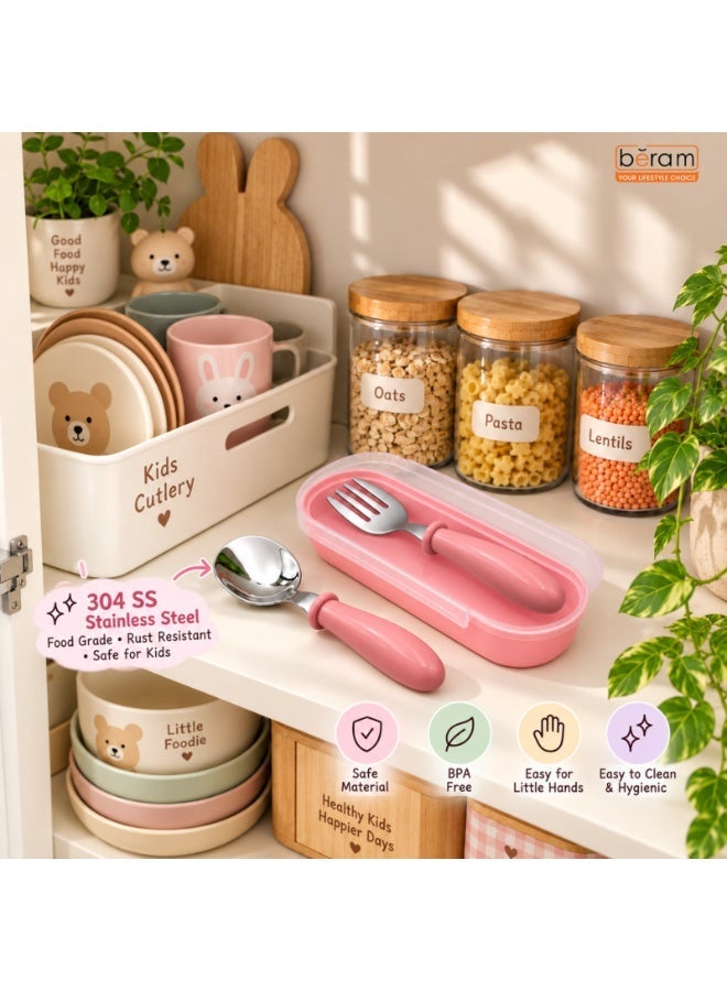 BERAM Cutlery Set with Case, 2 PCS 304 Stainless Steel Spoon & Fork Set, BPA-Free ABS+PP Handles, Portable Children’s Tableware for School Lunch Box, Travel, Picnic & Everyday Meals, Pink - Image 3