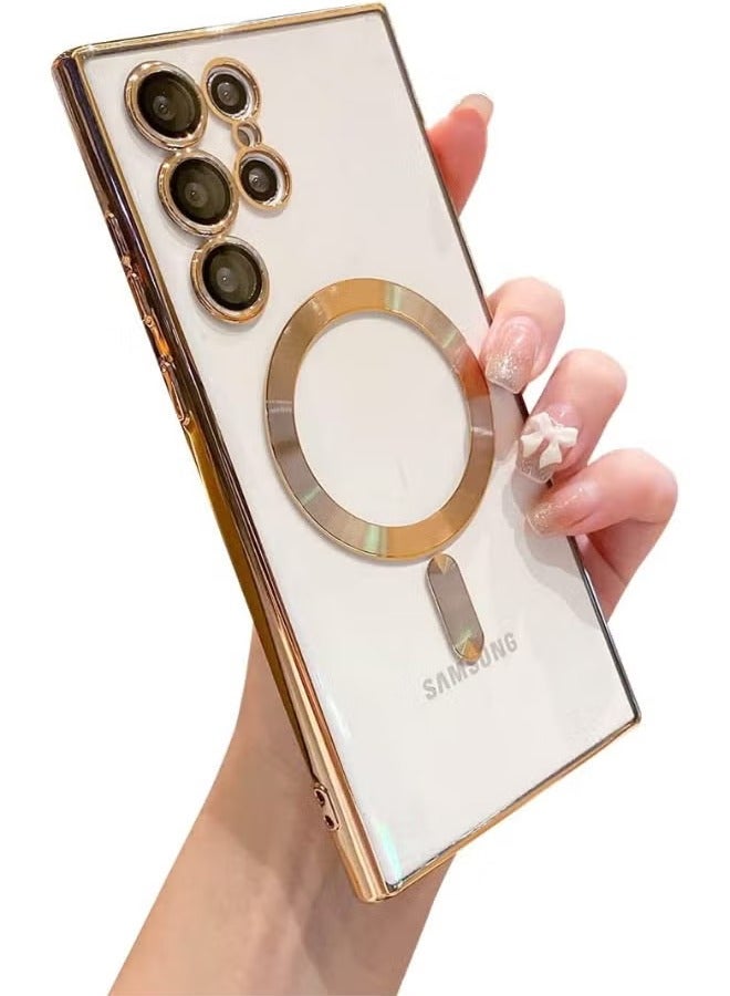 For Samsung Galaxy S23 Ultra Case Magnetic Clear with Camera Lens Protector Full Protection MagSafe Electroplated Silicone Slim Fit Shockproof Protective Case Cover - Gold