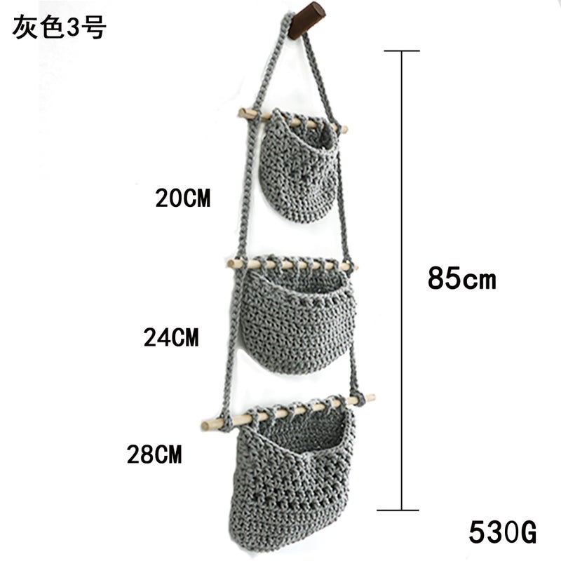 Door Storage Rack Cotton Rope Wall-Mounted Basket 3-Layer Wall-Mounted Hanging Storage Rack Book Sundries Storage Hanging Bag - Image 3