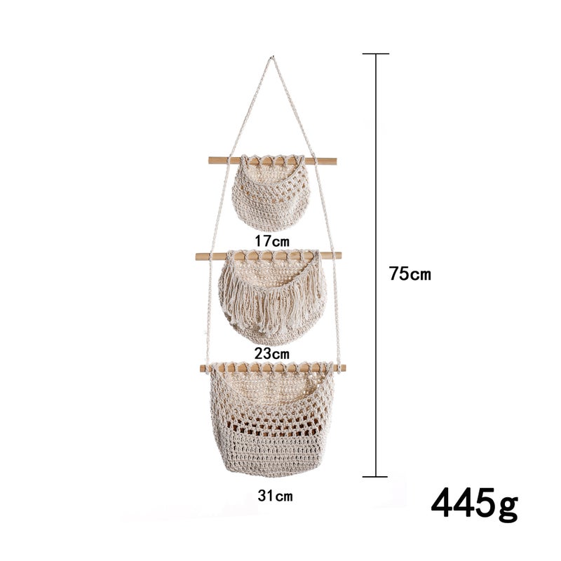 Door Storage Rack Cotton Rope Wall-Mounted Basket 3-Layer Wall-Mounted Hanging Storage Rack Book Sundries Storage Hanging Bag - Image 1