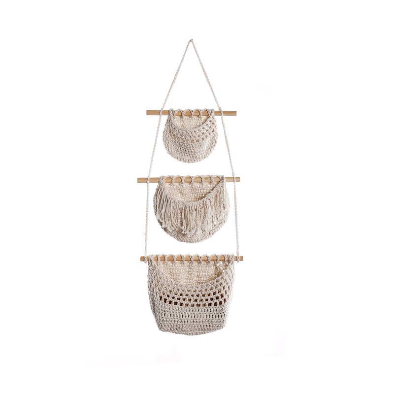 Door Storage Rack Cotton Rope Wall-Mounted Basket 3-Layer Wall-Mounted Hanging Storage Rack Book Sundries Storage Hanging Bag - Image 2