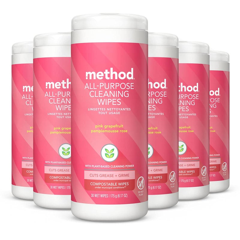 Method All-Purpose Cleaning Wipes, Pink Grapefruit, Multi-Surface, Compostable, 30 Count (Pack of 6) - Image 1