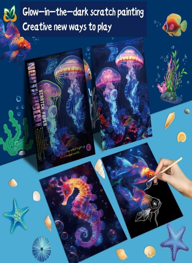 Scratch Paper Art Set Sea World Creative Gift, Magic Scratch Paper for Kids Scratch it Off Art Crafts Kits (4 Paper with1 Wooden Pen) - Image 3