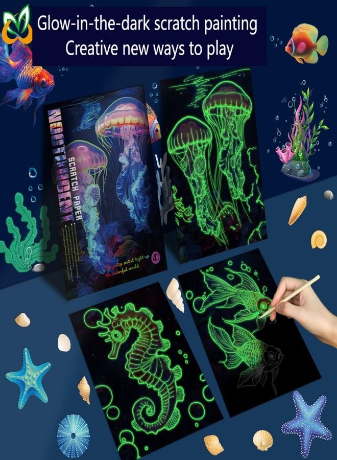 Scratch Paper Art Set Sea World Creative Gift, Magic Scratch Paper for Kids Scratch it Off Art Crafts Kits (4 Paper with1 Wooden Pen) - Image 2
