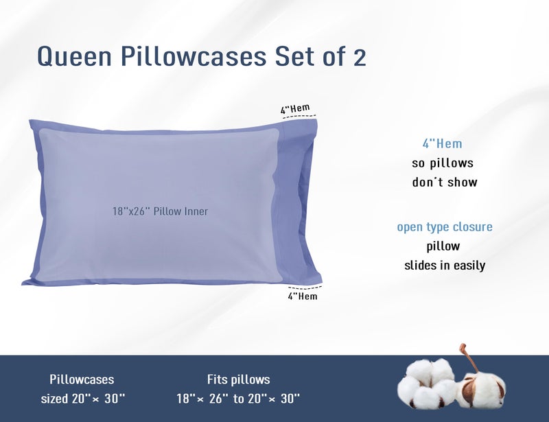 HOMTEC Cotton Pillow Cases Standard Size 20 by 30 inches Queen Pillowcases Purplish Blue Pillow Cases Set of 2 Pillow Cases Queen Cotton Percale Weave Pre-Shrunk Breathable and Hypoallergenic - Image 3