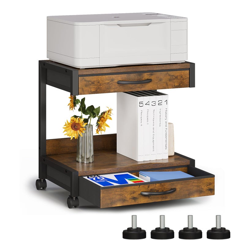 VENNQD 2-Tier Desktop Printer Stand with 2 Fabric Drawers, Prtiner Table with Storage Shelf, Desk Organizer for Home Office,3D Printer,Fax Machine,Scanner (Brown, 2 Tier) - Image 1
