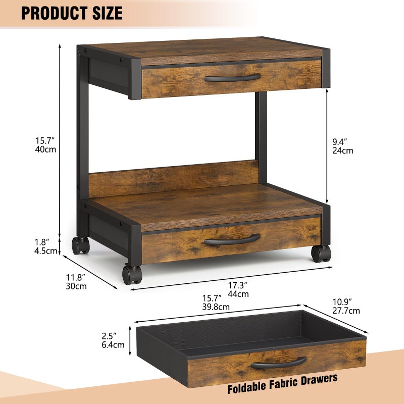 VENNQD 2-Tier Desktop Printer Stand with 2 Fabric Drawers, Prtiner Table with Storage Shelf, Desk Organizer for Home Office,3D Printer,Fax Machine,Scanner (Brown, 2 Tier) - Image 4