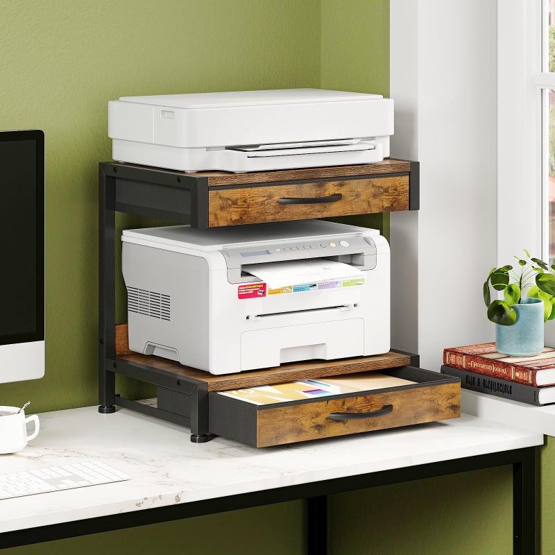 VENNQD 2-Tier Desktop Printer Stand with 2 Fabric Drawers, Prtiner Table with Storage Shelf, Desk Organizer for Home Office,3D Printer,Fax Machine,Scanner (Brown, 2 Tier) - Image 2