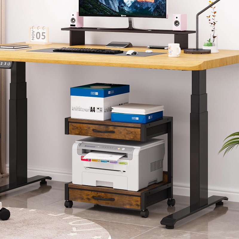 VENNQD 2-Tier Desktop Printer Stand with 2 Fabric Drawers, Prtiner Table with Storage Shelf, Desk Organizer for Home Office,3D Printer,Fax Machine,Scanner (Brown, 2 Tier) - Image 3