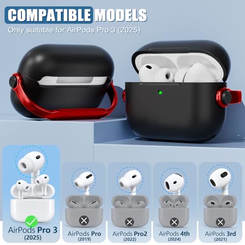 Wowwat for Airpods Pro 3 Case,Safety Lock Cases for Apple Airpod Pro 3 (2025) with Cleaner Kit, Drop Protection Air pods Pro3 Case Cover for Men for Women with Keychain,Black+Red - Image 2