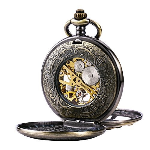 TREEWETO Bronze Rudder Pocket Watch Double Cover Roman Numerals Dial Skeleton Man Women Pocket Watches for Men - Image 4