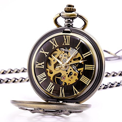 TREEWETO Bronze Rudder Pocket Watch Double Cover Roman Numerals Dial Skeleton Man Women Pocket Watches for Men - Image 2