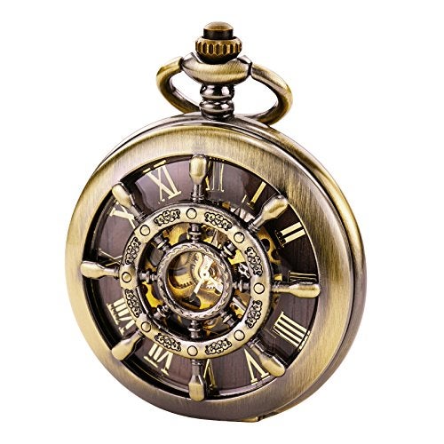 TREEWETO Bronze Rudder Pocket Watch Double Cover Roman Numerals Dial Skeleton Man Women Pocket Watches for Men - Image 1