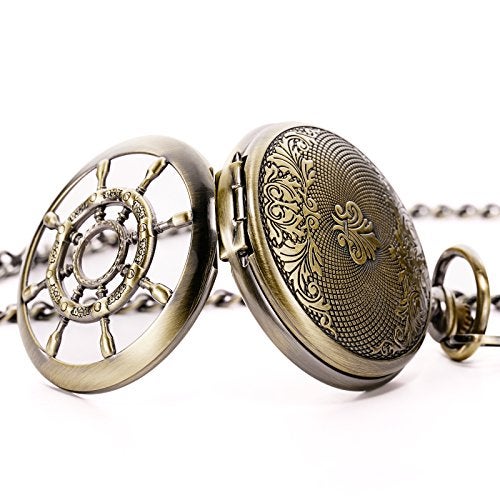 TREEWETO Bronze Rudder Pocket Watch Double Cover Roman Numerals Dial Skeleton Man Women Pocket Watches for Men - Image 5