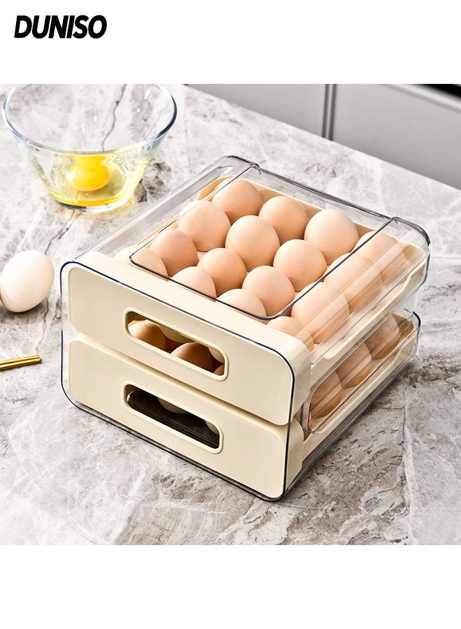 DUNISO 32 Grid Egg Holder Egg Storage Drawer Container 2 Layer Drawer Household Egg Storage Box Stackable Egg Storage Tray Shockproof and Drop-Proof Food Storage Container Plastic Egg Basket Refrigerator Organiser for Egg - Image 1