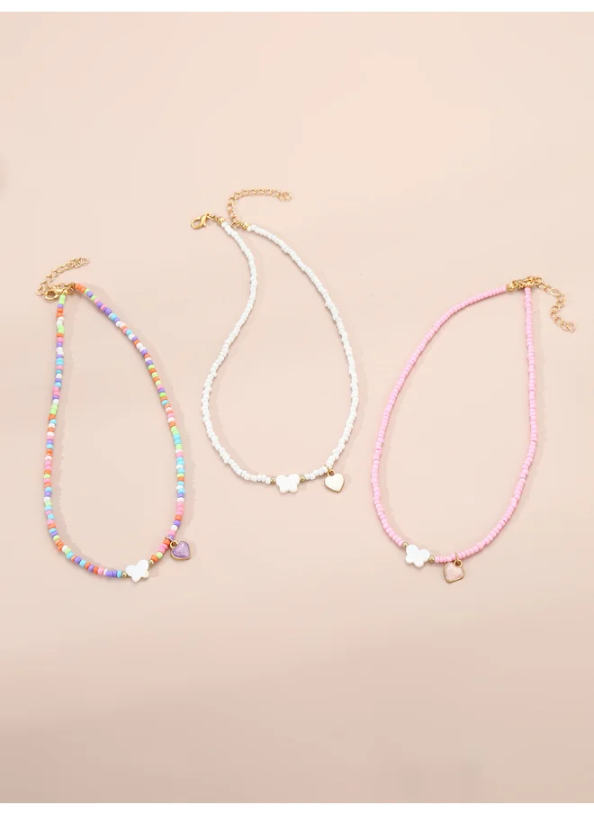 Take Two Take Two Set of 3 - Butterfly and Heart Pendant Beaded Necklace