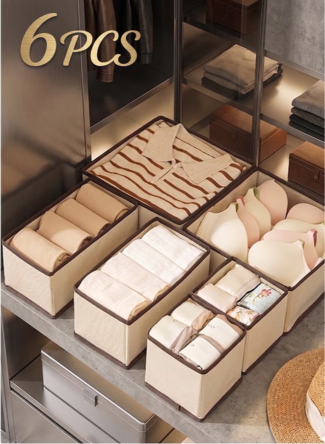 Wish Plus 6 pcs Foldable Cloth Storage Box with Zipper | Closet Drawer Organizer | Fabric Baskets Bins Dividers, Using For Clothes Socks Underwear Accessories Pajamas Baby Cloths Diapers Towels (Beige) - Image 1