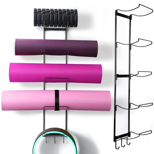 MRZZATA 5-Tiers Yoga Mat Holder Wall Mount, Metal Storage Rack for Mats/Wheels, Foam Roller and Block, Wall Rack with 3-Hooks for Hanging Stretching Strap, Resistance Bands, Yoga Accessories - Image 1