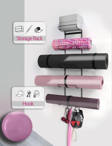 MRZZATA 5-Tiers Yoga Mat Holder Wall Mount, Metal Storage Rack for Mats/Wheels, Foam Roller and Block, Wall Rack with 3-Hooks for Hanging Stretching Strap, Resistance Bands, Yoga Accessories - Image 5