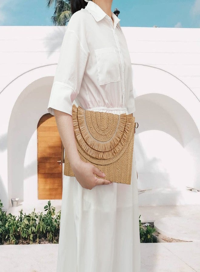 جيتس حقائب يد من القش للنساء، مصنوعة يدوياً، منسوجة، صيفية، شاطئية، محفظة، حقيبة كروسبودي مع حزام (2-رافيا مزينة بشرابات، لون كاكي) - Image 4