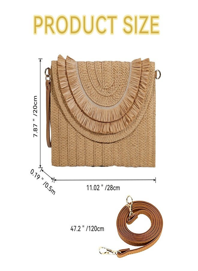 جيتس حقائب يد من القش للنساء، مصنوعة يدوياً، منسوجة، صيفية، شاطئية، محفظة، حقيبة كروسبودي مع حزام (2-رافيا مزينة بشرابات، لون كاكي) - Image 2