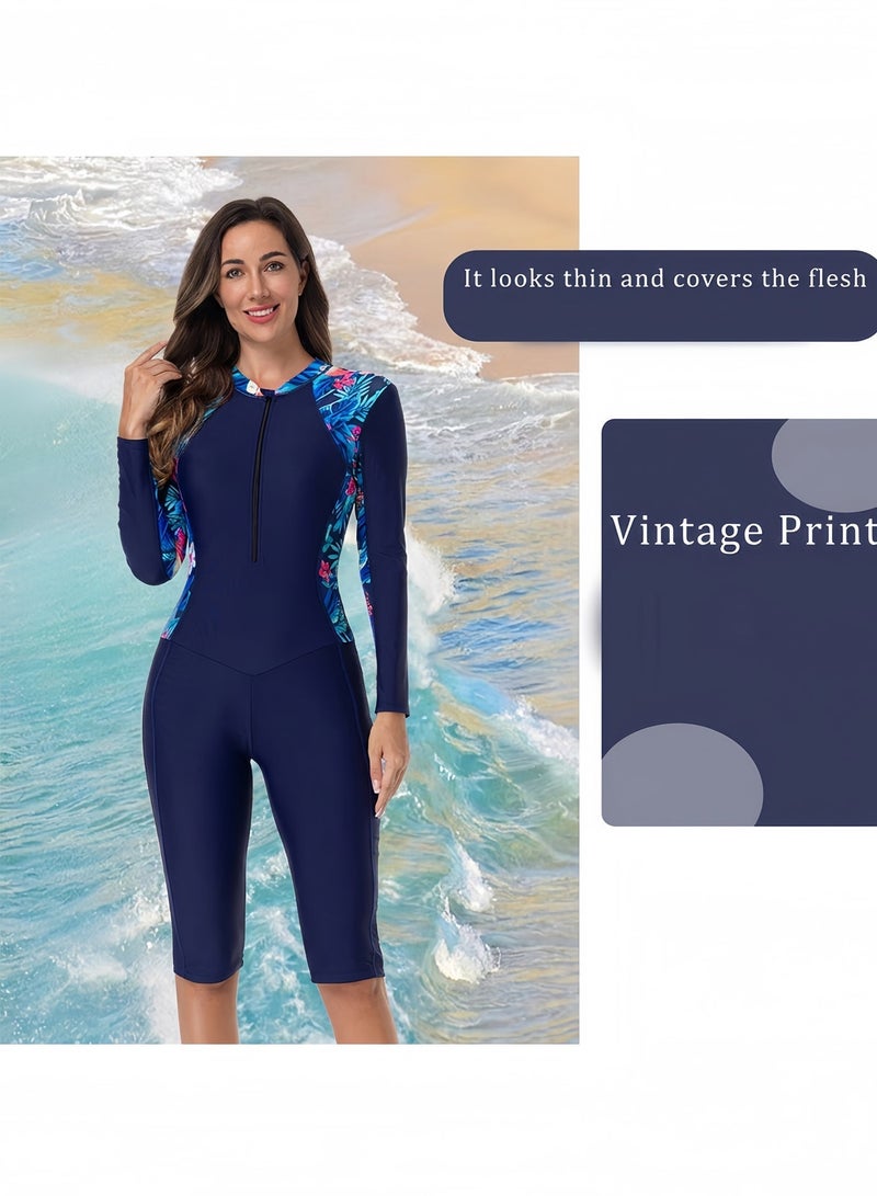 يونيك ملابس سباحة نسائية قطعة واحدة مايوه محتشم بأكمام طويلة مع حماية من الشمس UV وتصميم للتحكم في البطن وسحاب أمامي للسباحة والغوص والبحر أزرق - Image 5