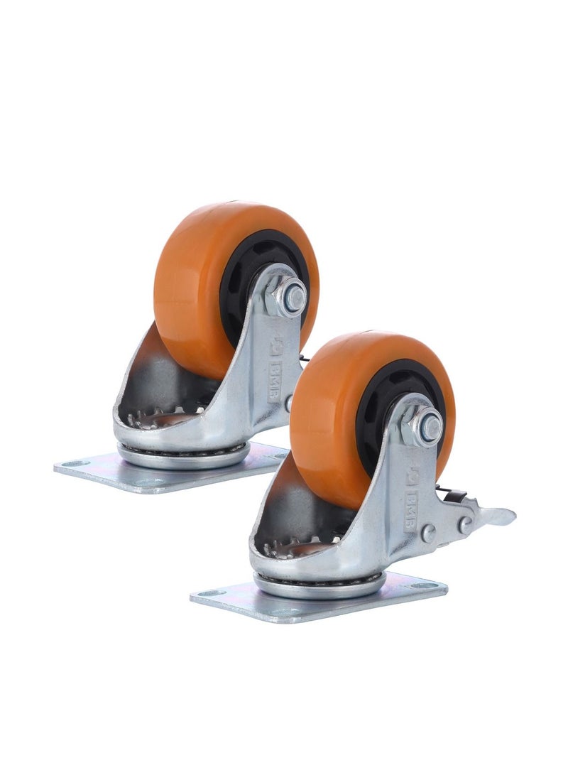 BMB tools 2-Piece 125mm Orange PVC Medium Duty Caster Double Ball Bearing - Swivel with Brake - Plate - Image 1