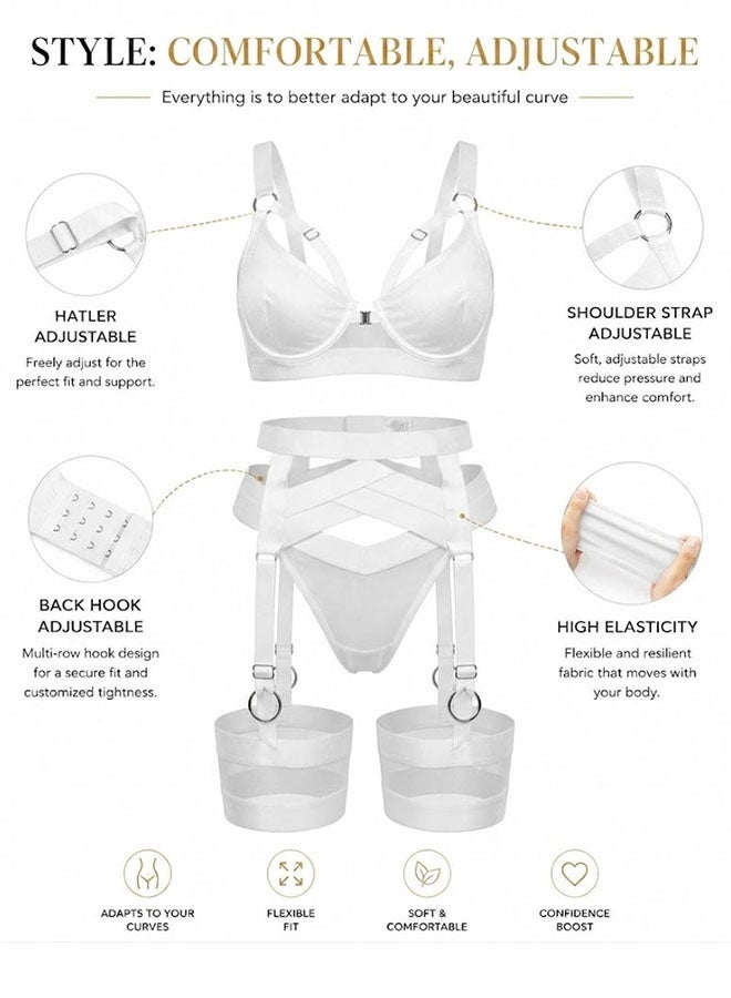 MARGOUN Women's 4-Piece Strappy Lingerie Set with Garter Belt, Underwire Strappy Bra, Cutout High-Waisted Cincher, Thong, and Thigh-High Stockings Exotic Underwear Ensemble - White - Image 5