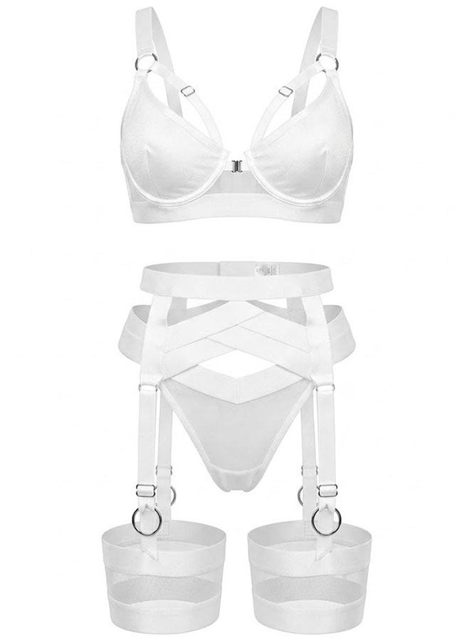 MARGOUN Women's 4-Piece Strappy Lingerie Set with Garter Belt, Underwire Strappy Bra, Cutout High-Waisted Cincher, Thong, and Thigh-High Stockings Exotic Underwear Ensemble - White - Image 3