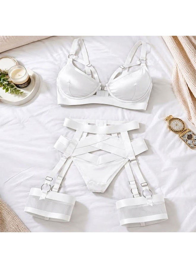 MARGOUN Women's 4-Piece Strappy Lingerie Set with Garter Belt, Underwire Strappy Bra, Cutout High-Waisted Cincher, Thong, and Thigh-High Stockings Exotic Underwear Ensemble - White - Image 4