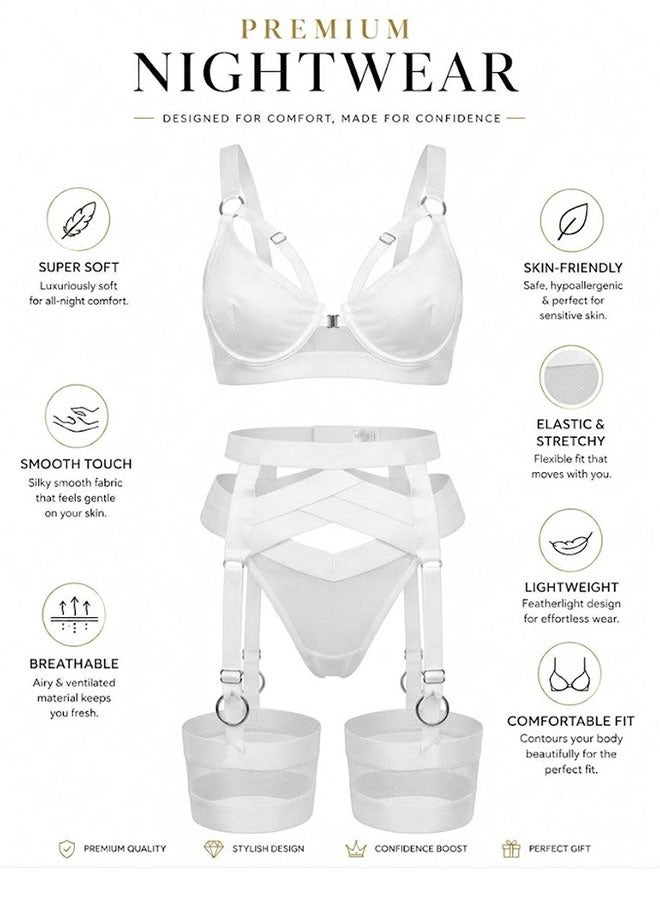 MARGOUN Women's 4-Piece Strappy Lingerie Set with Garter Belt, Underwire Strappy Bra, Cutout High-Waisted Cincher, Thong, and Thigh-High Stockings Exotic Underwear Ensemble - White - Image 2