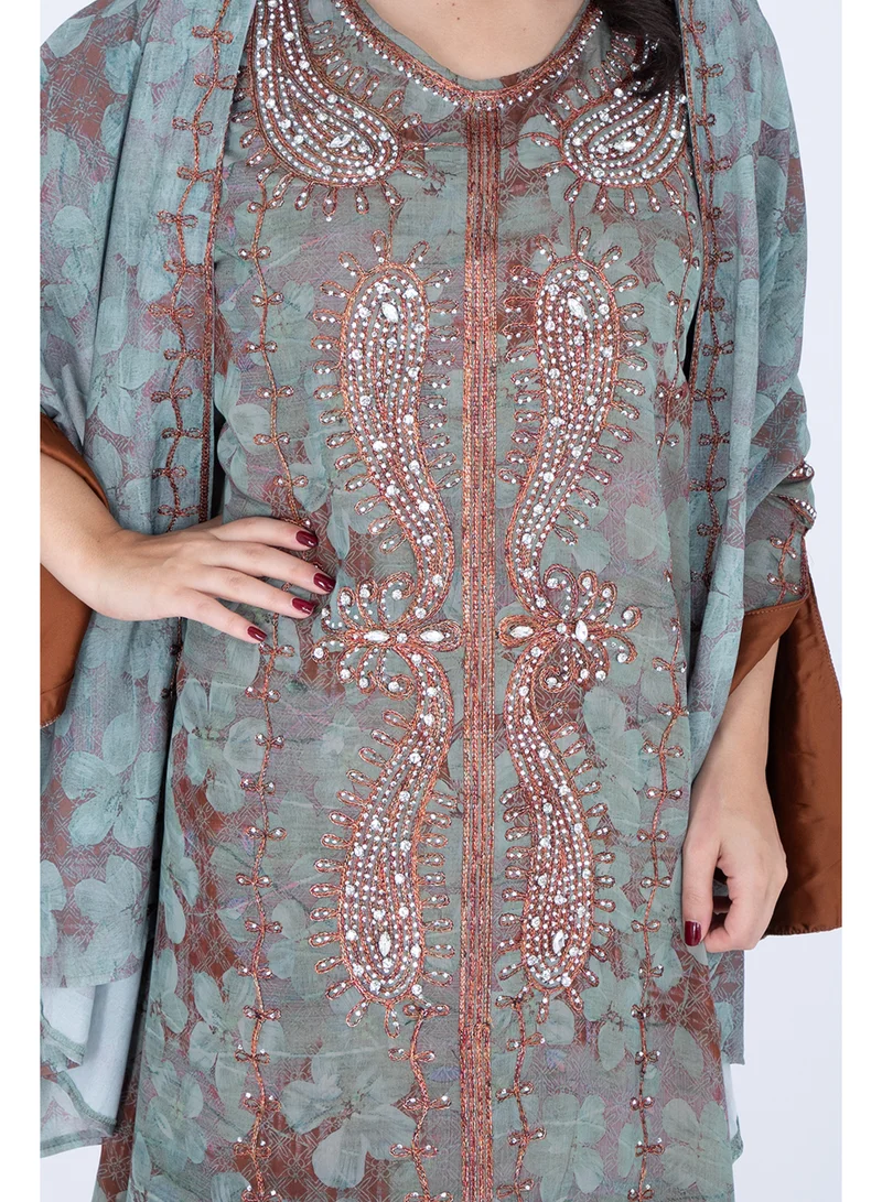 IKKXA Printed Jalabiya Crystal Patterns with Shawl