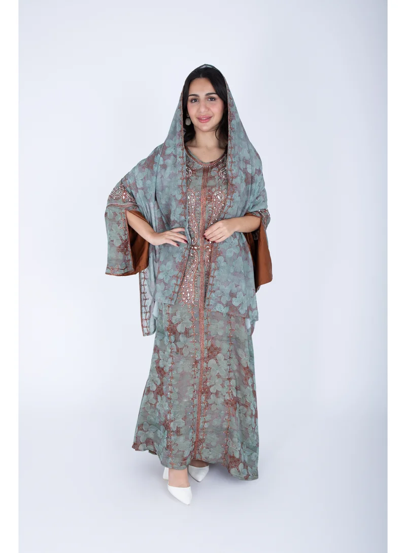 IKKXA Printed Jalabiya Crystal Patterns with Shawl