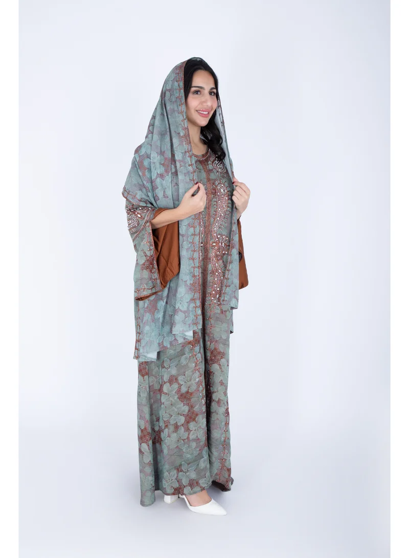 IKKXA Printed Jalabiya Crystal Patterns with Shawl