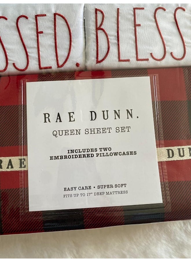 Rae Dunn Rae Dunn Queen Sheet Set, Blessed Embroidered Pillowcases, Buffalo Design/Red, Black, White  - Image 2