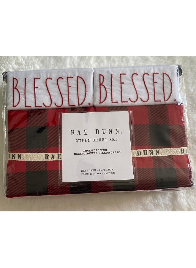 Rae Dunn Rae Dunn Queen Sheet Set, Blessed Embroidered Pillowcases, Buffalo Design/Red, Black, White  - Image 1