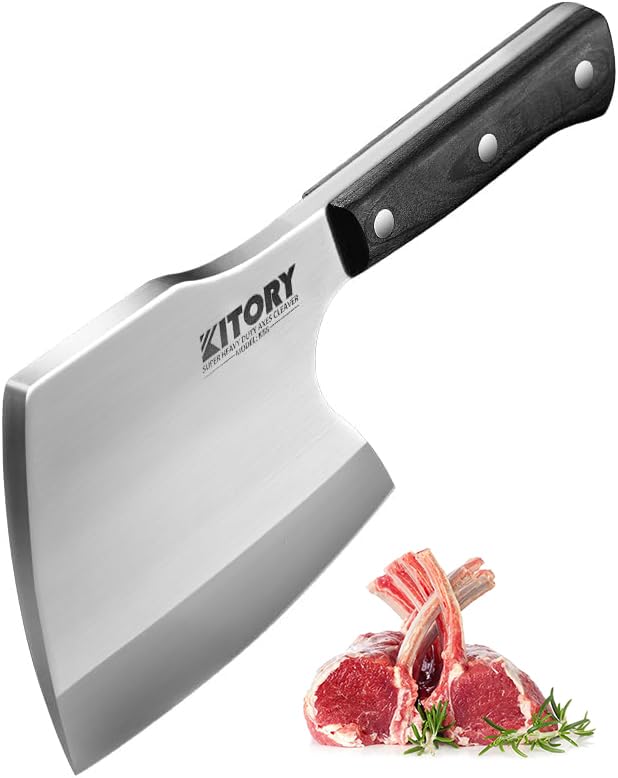 Kitory Meat Cleaver, Super Massive Heavy Duty Axe shape Kitchen Knife for Big Bones Beef Bones and Frozen Meat, bones breaker, Full Tang Butcher Knife, Black Wooden Handle - Image 1