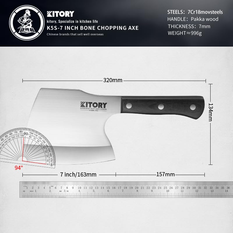 Kitory Meat Cleaver, Super Massive Heavy Duty Axe shape Kitchen Knife for Big Bones Beef Bones and Frozen Meat, bones breaker, Full Tang Butcher Knife, Black Wooden Handle - Image 3