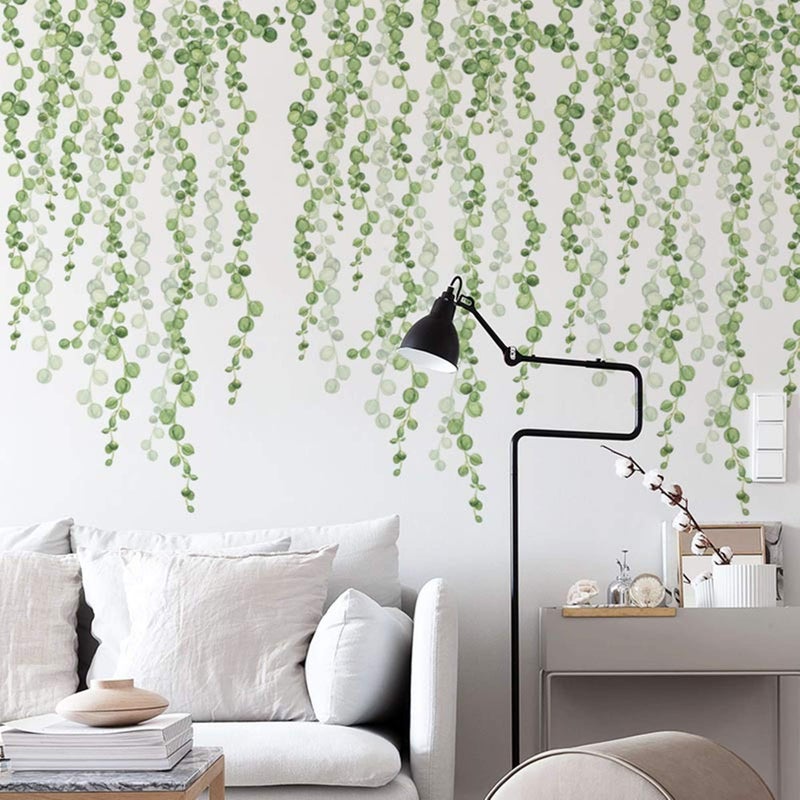 ROFARSO 6 Sheets Hanging String of Pearls Vine Wall Stickers Leaves Green Plants Removable PVC Wall Decals Peel and Stick Decorations Decor for Bedroom Living Room Office Murals3 Sets