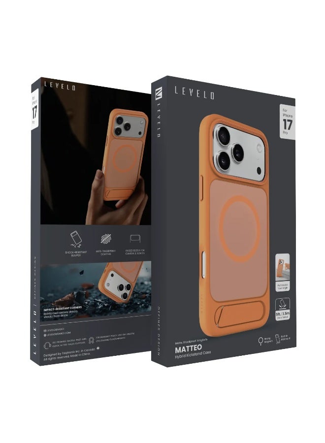 LEVELO iPhone 17 Pro Matteo Case With Bottom Stand Grip / Strong Magnets / Anti-Fingerprint Coating / Raised Bezels for Camera & Screen / Shock-Resistant Bumper - Orange - Image 3