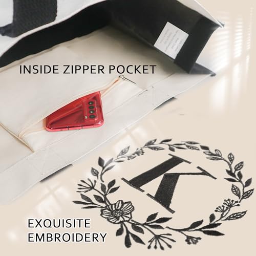 BeeGreen Embroidery Initial Canvas Tote Bag Monogram Personalized Gifts Bags for Birthday Beach Wedding Work Large Unique Baskets for Women, Teacher, Mom, Friend, Bride, Bridesmaids Sister Nurse M - Image 3