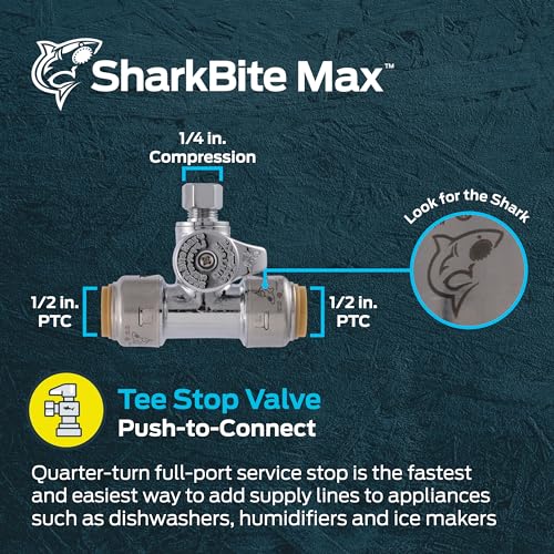 SharkBite Max 1/2 x 1/2 x 1/4 Inch Compression Tee Stop Valve, Push to Connect Brass Plumbing Fitting, PEX Pipe, Copper, CPVC, PE-RT, HDPE, UR24983A - Image 2