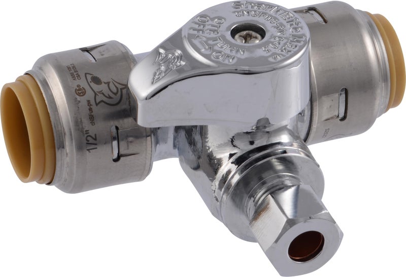 SharkBite Max 1/2 x 1/2 x 1/4 Inch Compression Tee Stop Valve, Push to Connect Brass Plumbing Fitting, PEX Pipe, Copper, CPVC, PE-RT, HDPE, UR24983A - Image 1