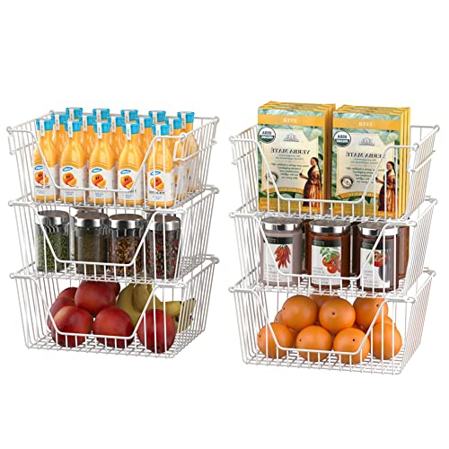Slideep 14'' Large Metal Wire Storage Organizer Bin Basket Farmhouse Decor Stackable Storage Organizer for Pantry Home Bathroom Kitchen Organization White - 6 Pack - Image 2